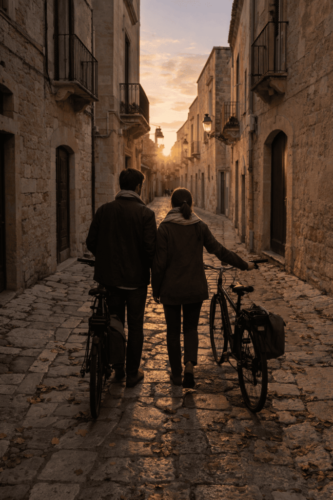 passeggiando per un centro storico salentino al tramonto in autunno