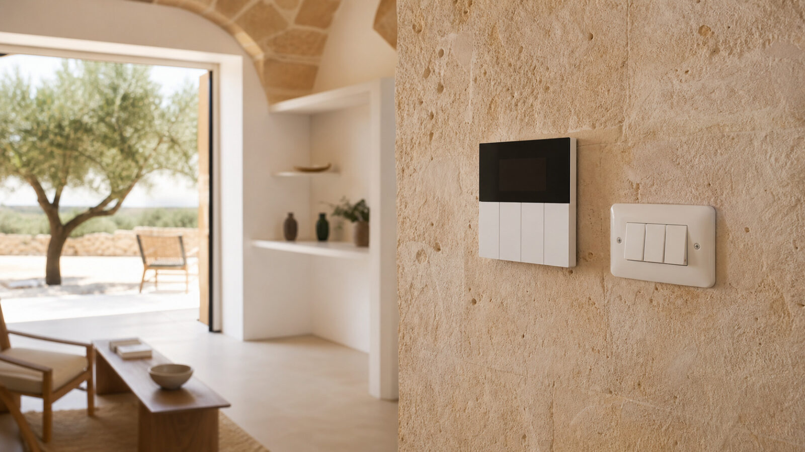 Pannello domotico e interruttore tradizionale in una casa ristrutturata del Salento