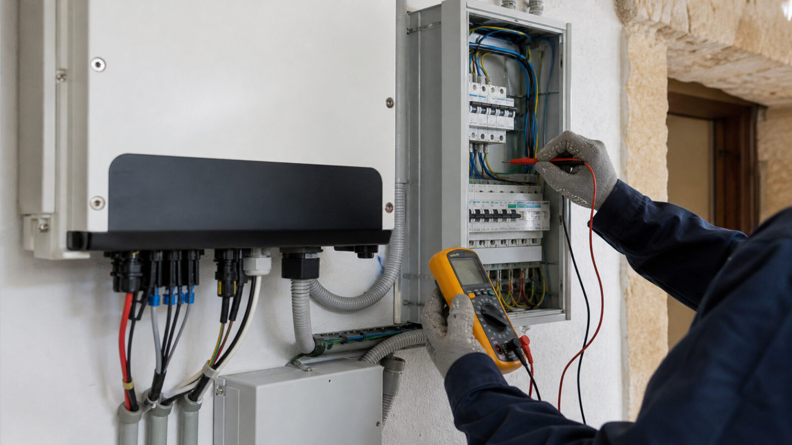 Tecnico esegue una verifica su inverter e quadro elettrico