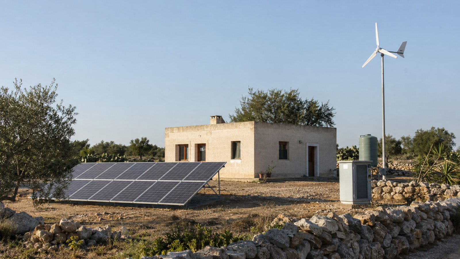 Impianto off-grid nel Salento: pannelli fotovoltaici a terra, mini-eolico e accumulo accanto a un edificio rurale