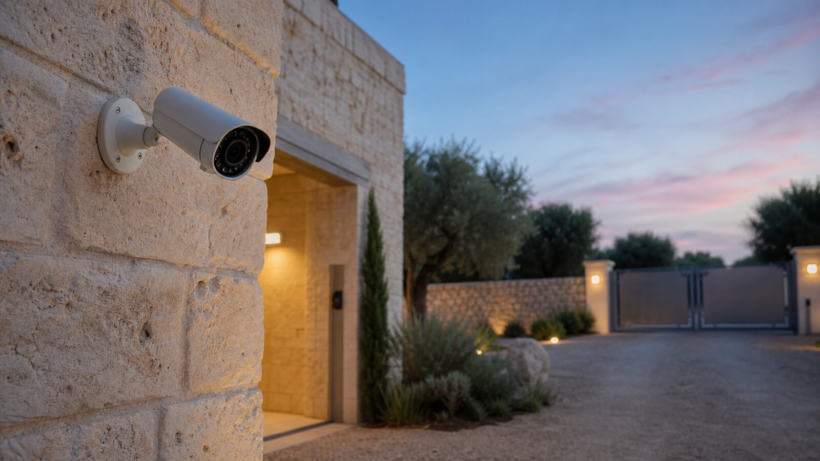 Telecamera di sicurezza installata su un edificio in pietra del Salento